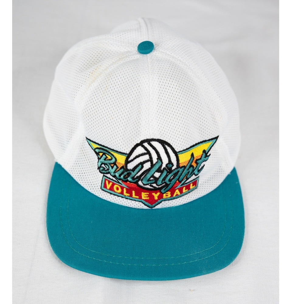 Bud Light Volleyball Hat Unisex OSFA White Teal Good Vintage 90s Mesh Snapback